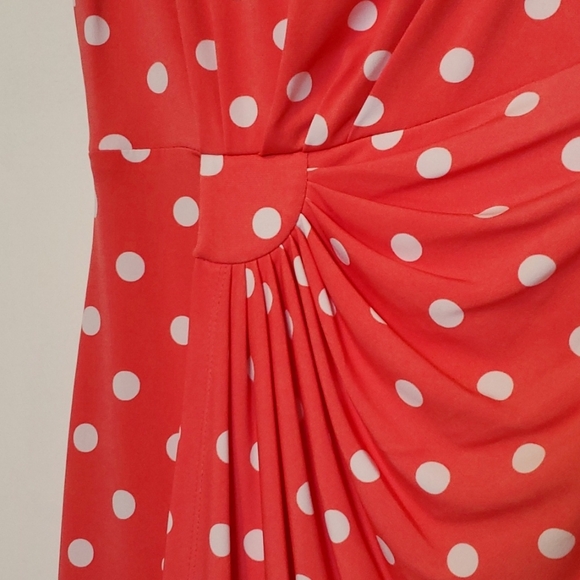 Coral Pink Polka-dot Faux Wrap Midi Dress - Picture 3 of 6